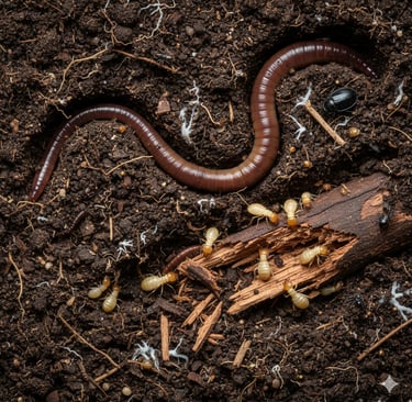 A soil cross-section teeming with life. An earthworm is shown creating a burrow, while termites are visible breaking 