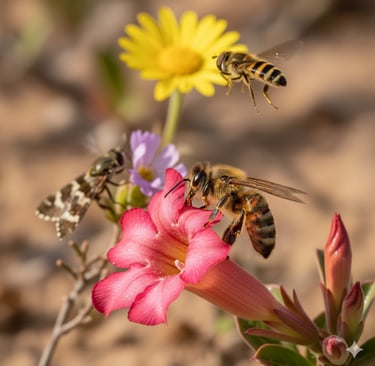 A close-up, vibrant image of a native African bee pollinating the flower of a newly established desert shrub.