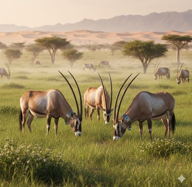 A small herd of Scimitar-horned Oryx with their long, curved horns, grazing peacefully in a new Saharan savanna