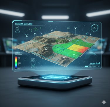 A futuristic, holographic interface showing a 3D map of a Saharan agricultural zone. Overlayed are data points 