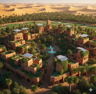 An architectural concept image of a beautiful, futuristic "Oasis City" in the Sahara. The buildings are made of reddish 