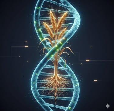 A stylized, glowing DNA double helix. Superimposed or intertwined with the helix are images of a plant root system 