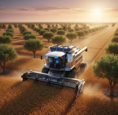 A wide, optimistic shot of a futuristic, autonomous harvesting machine moving through a field of golden millet in a 