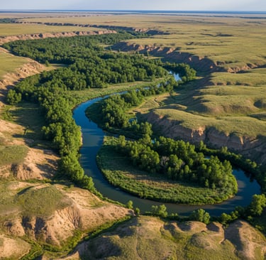 Emergence of Rivers: A breathtaking aerial view of a newly formed, meandering river with lush, green riparian forests 