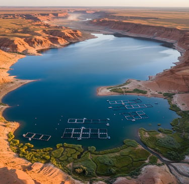 Lake Formation: An expansive view of a large, new lake in a desert depression, its blue water contrasting with the 