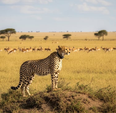 Predator Reintroduction: A sleek cheetah, wearing a small GPS collar, standing alert on a small rise, surveying a vast 