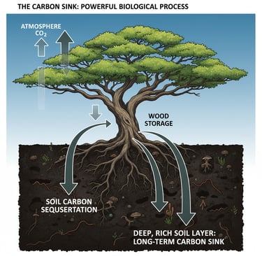 The Carbon Sink: A powerful visual diagram. On one side, CO2 is shown being drawn from the atmosphere into the leaves 