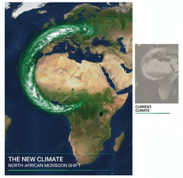The New Climate: An animated weather map of North Africa, showing swirling green cloud patterns (representing moist 