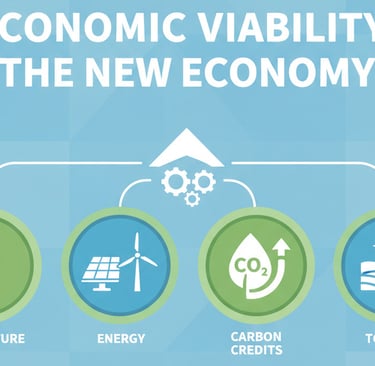 Economic Viability: An infographic with four main icons representing the new economy: a stalk of wheat (Agriculture)