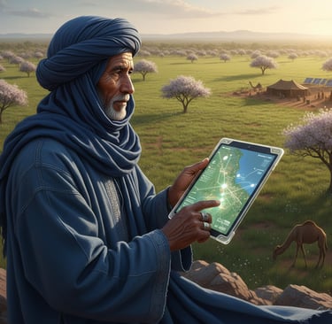 Nomadic Cultures: A poignant image of a Tuareg elder, in traditional dress, looking out over a new green savanna. 