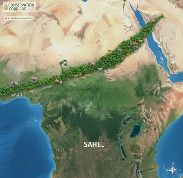 Conservation Corridors: A satellite-view map showing a wide, green corridor of forest and savanna connecting 