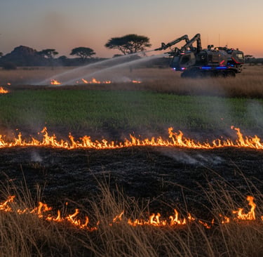 Fire Ecology: A controlled, low-intensity fire moving across a grassy savanna at dusk, managed by a distant, futuristic