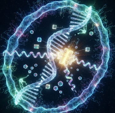 Synthetic Biology: A glowing, abstract representation of a bacterial cell. Inside, a new genetic circuit