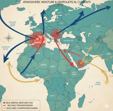A political map of North Africa, the Mediterranean, and the Middle East. Arrows representing atmospheric moisture 