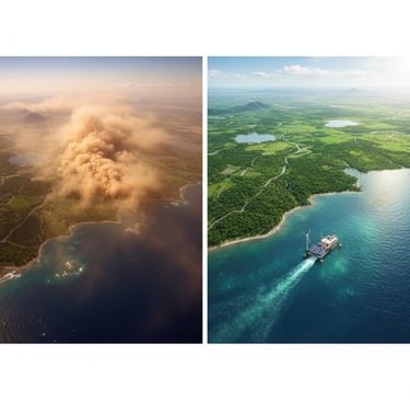 A split image. The left shows a dusty, red Saharan Air Layer flowing over the Atlantic. The right shows a clean, green 