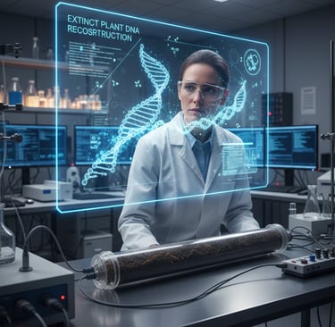  A scientist in a lab looking at a holographic display showing the reconstructed DNA of an extinct plant, derived from 