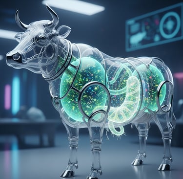 A stylized, transparent view of a cow or oryx. Its rumen is shown as a glowing bioreactor, filled with dynamic microbe