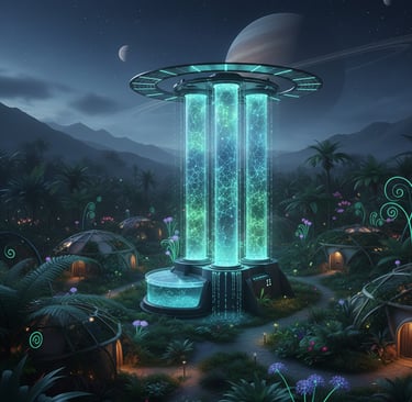 A futuristic, solar-powered atmospheric water generator (perhaps based on MOF technology) at night in a small settlement