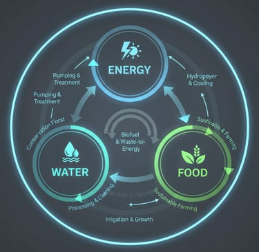 A clean, circular infographic with three main nodes labeled ENERGY, WATER, and FOOD. Glowing arrows connect them in 