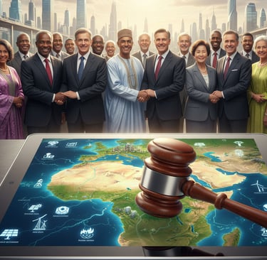 A symbolic image of a gavel resting on a tablet that displays a map of the new Sahara with its resources. In the background