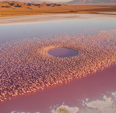 A vibrant aerial shot of a pink-hued saline lake (the chott)