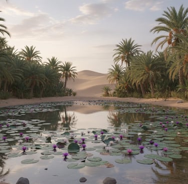 tranquil, ground-level shot of a lush oasis, with date palms ringing a clear pond filled with water lilies.