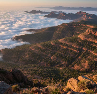 A sweeping vista from a high peak in the Hoggar Mountains, looking down over forested, terraced slopes and into a valley