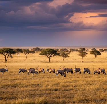 The New Savanna: A classic, wide-angle savanna scene: vast grasslands dotted with Acacia trees, a herd of oryx