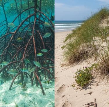 Coastal Ecosystems: A split image showing the intricate, submerged roots of a new mangrove forest acting as a fish nursery