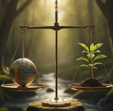 A symbolic image: a balanced scale, with one side holding a globe and the other holding a green sapling.