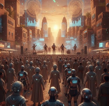 A vibrant street festival scene in a Neosaharan city, showing people in a mix of traditional and futuristic clothing