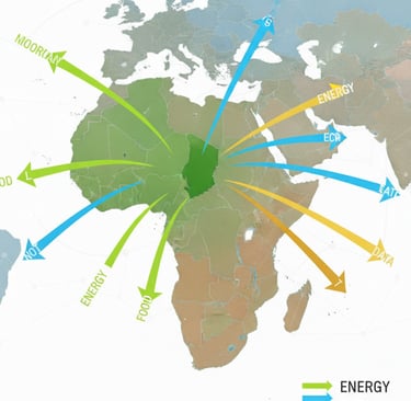 A global trade map, but with North Africa now shown as a major green hub, exporting bold arrows representing food