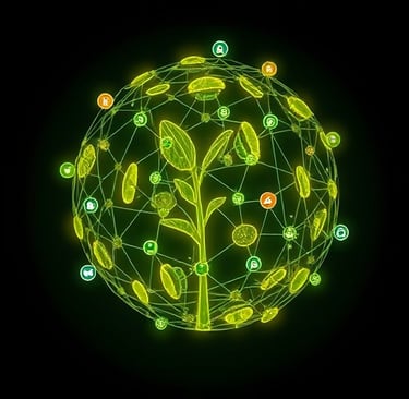 Conceptual image: A glowing, interconnected network of diverse plant cell types forming the shape of