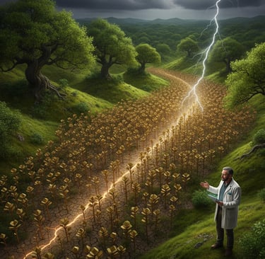 A dramatic, conceptual image. A beautiful, green landscape is shown, but a small part of it is cracking or turning