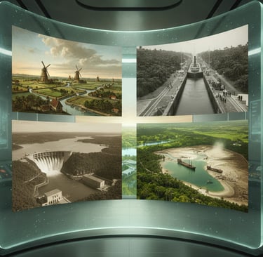 A montage of historical engineering projects: the Dutch Polders, the Panama Canal, the TVA dams, and the dried-up