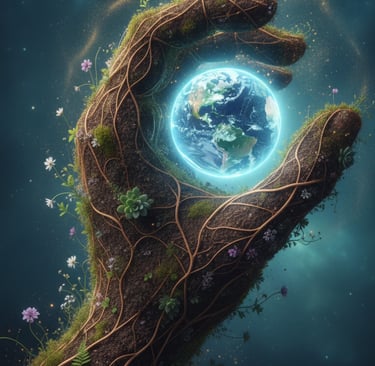 A powerful, abstract image of a human hand, made of earth and plants, gently cradling a small, glowing Earth