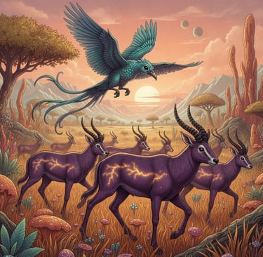 A speculative biology illustration showing a new, unique species of bird or gazelle that has evolved on the terraformed