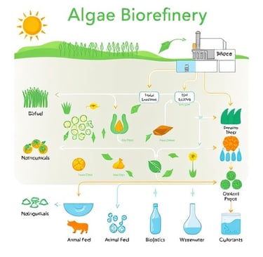 Illustrative flowchart showing an 'Algae Biorefinery.' Start with algae cultivation (sun, water, CO2