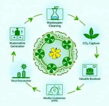 Infographic showing multiple benefits of microalgae in biofuel cells. Depict a central algal cell or
