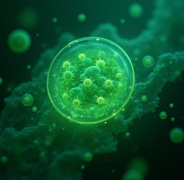 Infographic showing multiple benefits of microalgae in biofuel cells. Depict a central algal cell or