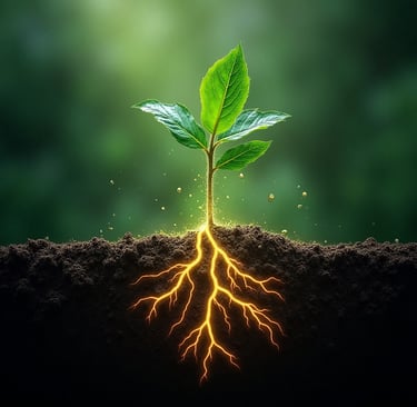 Abstract digital art: Intertwined plant roots, microbial shapes, and subtle electrical currents crea