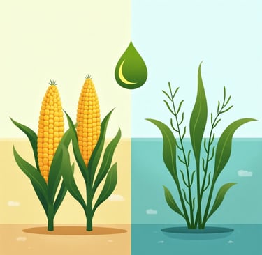 Juxtaposition artwork: Depict traditional biofuel crops (corn, sugarcane) competing with food on fer
