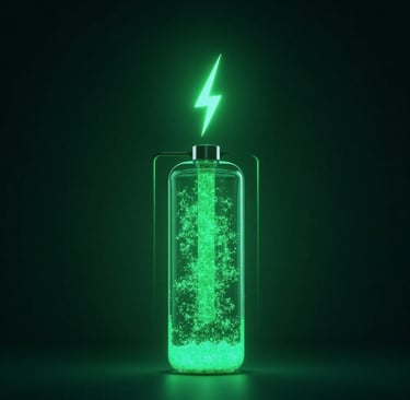 Conceptual image: A glowing green algae bioreactor (cathode) connected to a bioreactor with microbes