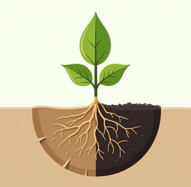 Conceptual illustration showing a single plant with its roots split down the middle. On the left side, the roots are in dry, 