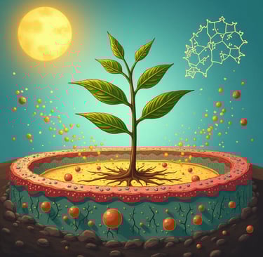 Conceptual illustration: A plant cell membrane with various lipids, under stress from sun and cracked earth symbols. Show som