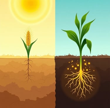 Conceptual illustration with a split-screen effect. On the left side, show a single wilted, struggling wheat or maize stalk i