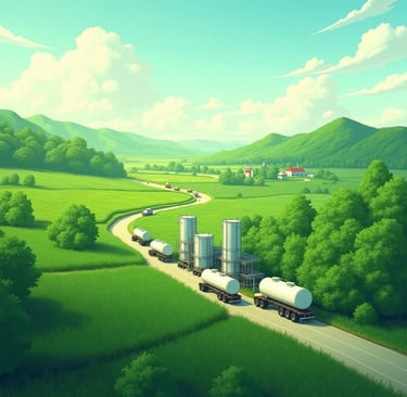 Digital art illustration: A green, thriving landscape where one half shows agricultural fields, and the other half shows a cl