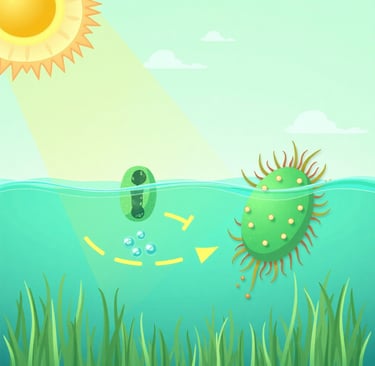 Conceptual illustration of bio-hydrogen production: Sunlight hitting a stylized green alga or cyanobacterium. Show a pathway 