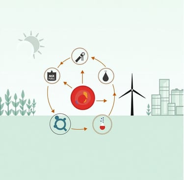 Conceptual illustration of a single-celled red alga (Cyanidioschyzon merolae) being used as a bio-factory. Show the simple al