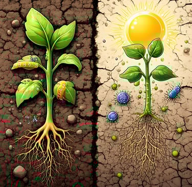 Conceptual illustration: A struggling, slightly wilted crop plant in dry, cracked soil on one side.